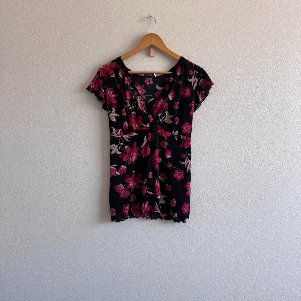 Vintage Y2K Self Esteem Pink/Black/Red Floral Mesh Tie Back Blouse